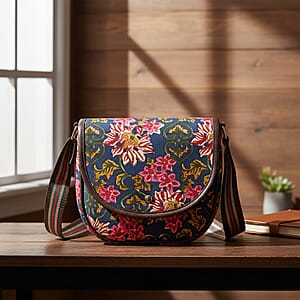 Tamsy Royal Blue Eye Catching Floral Print Cotton Sling Bag with Magnetic Flap Clouser