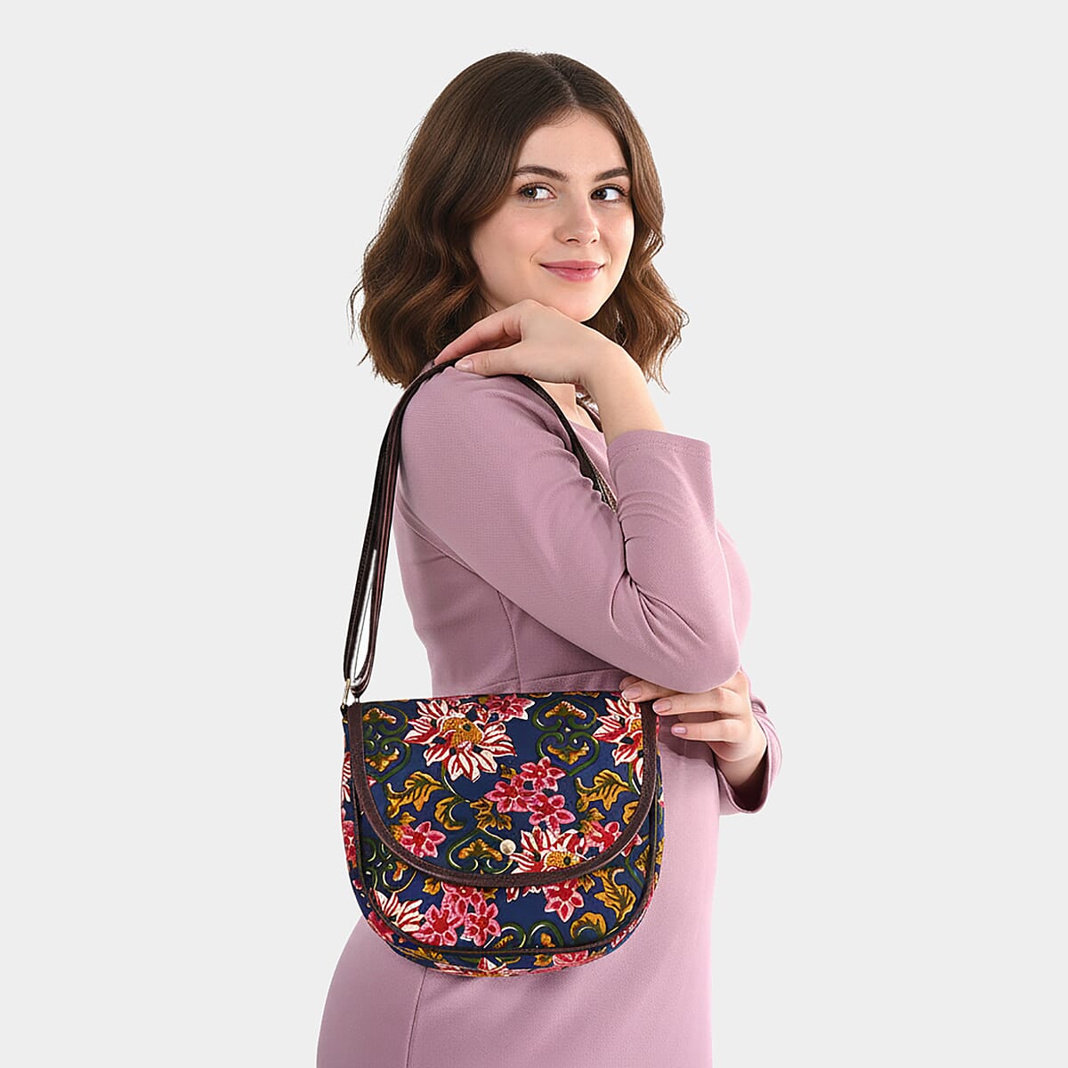 Tamsy Royal Blue Eye Catching Floral Print Cotton Sling Bag with Magnetic Flap Clouser image number 2