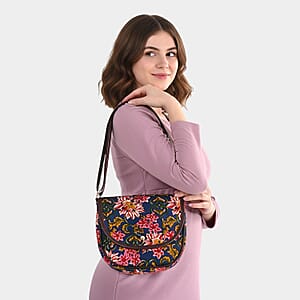 Tamsy Royal Blue Eye Catching Floral Print Cotton Sling Bag with Magnetic Flap Clouser