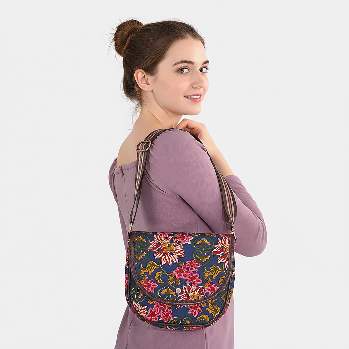 Tamsy Royal Blue Eye Catching Floral Print Cotton Sling Bag with Magnetic Flap Clouser image number 3