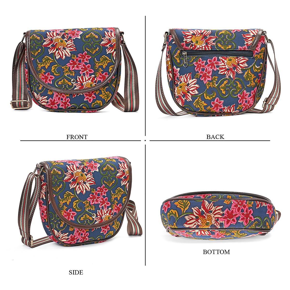 Tamsy Royal Blue Eye Catching Floral Print Cotton Sling Bag with Magnetic Flap Clouser image number 5