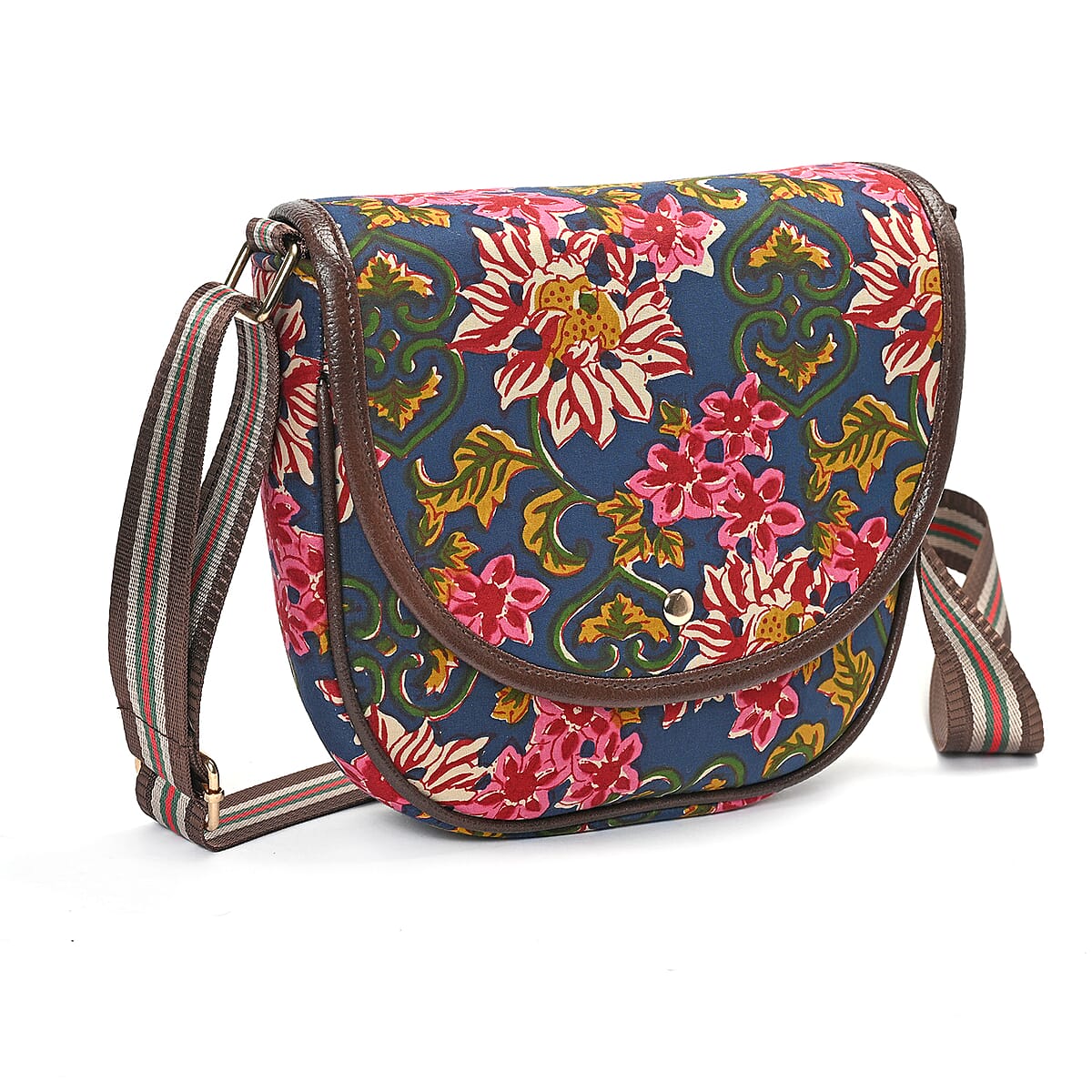 Tamsy Royal Blue Eye Catching Floral Print Cotton Sling Bag with Magnetic Flap Clouser image number 8