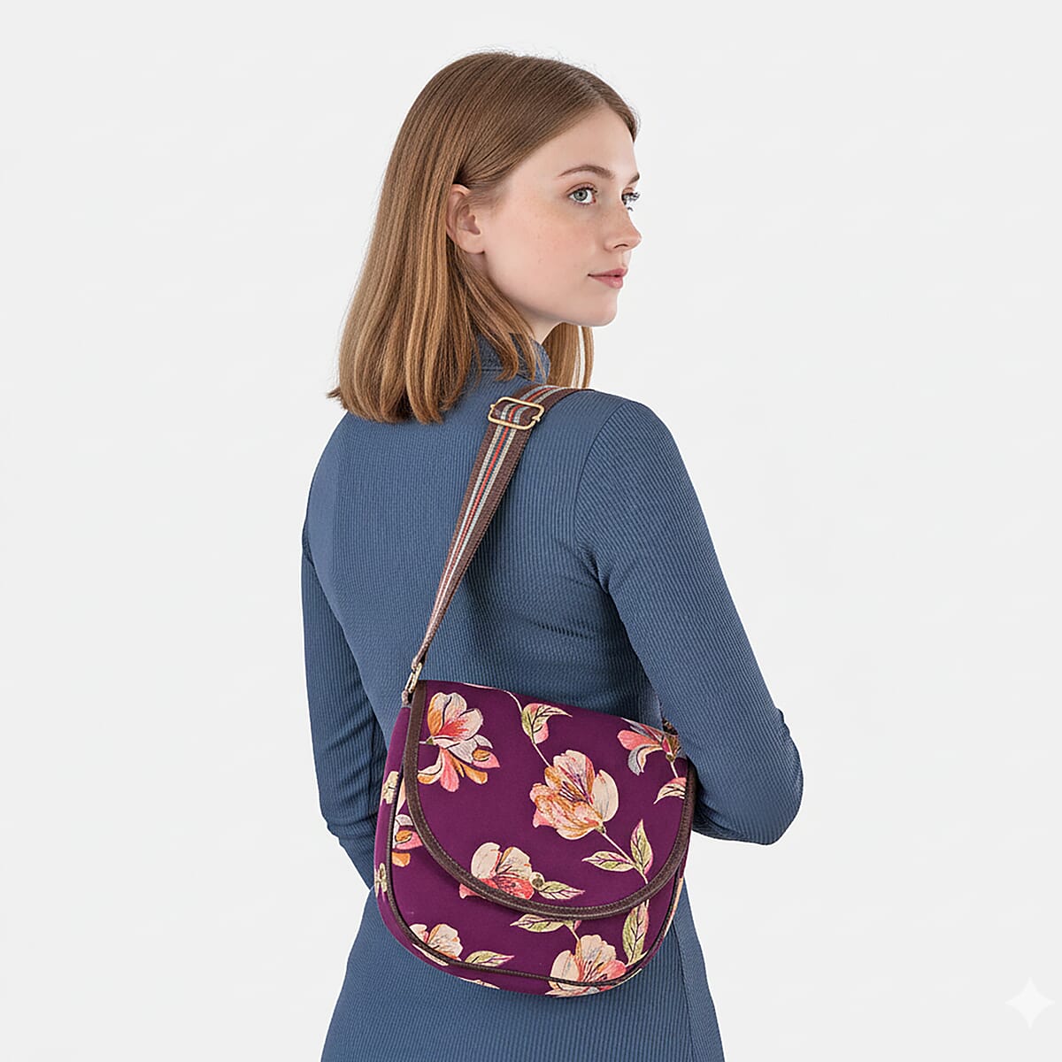 Tamsy Purple Eye Catching Floral Print Cotton Sling Bag with Magnetic Flap Clouser image number 4