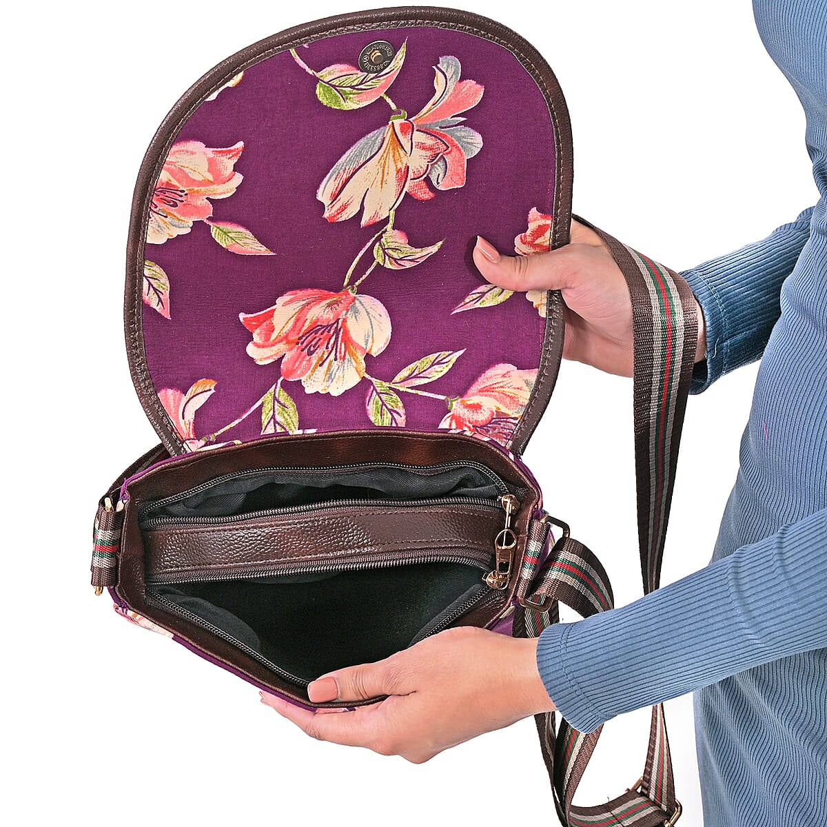 Tamsy Purple Eye Catching Floral Print Cotton Sling Bag with Magnetic Flap Clouser image number 6