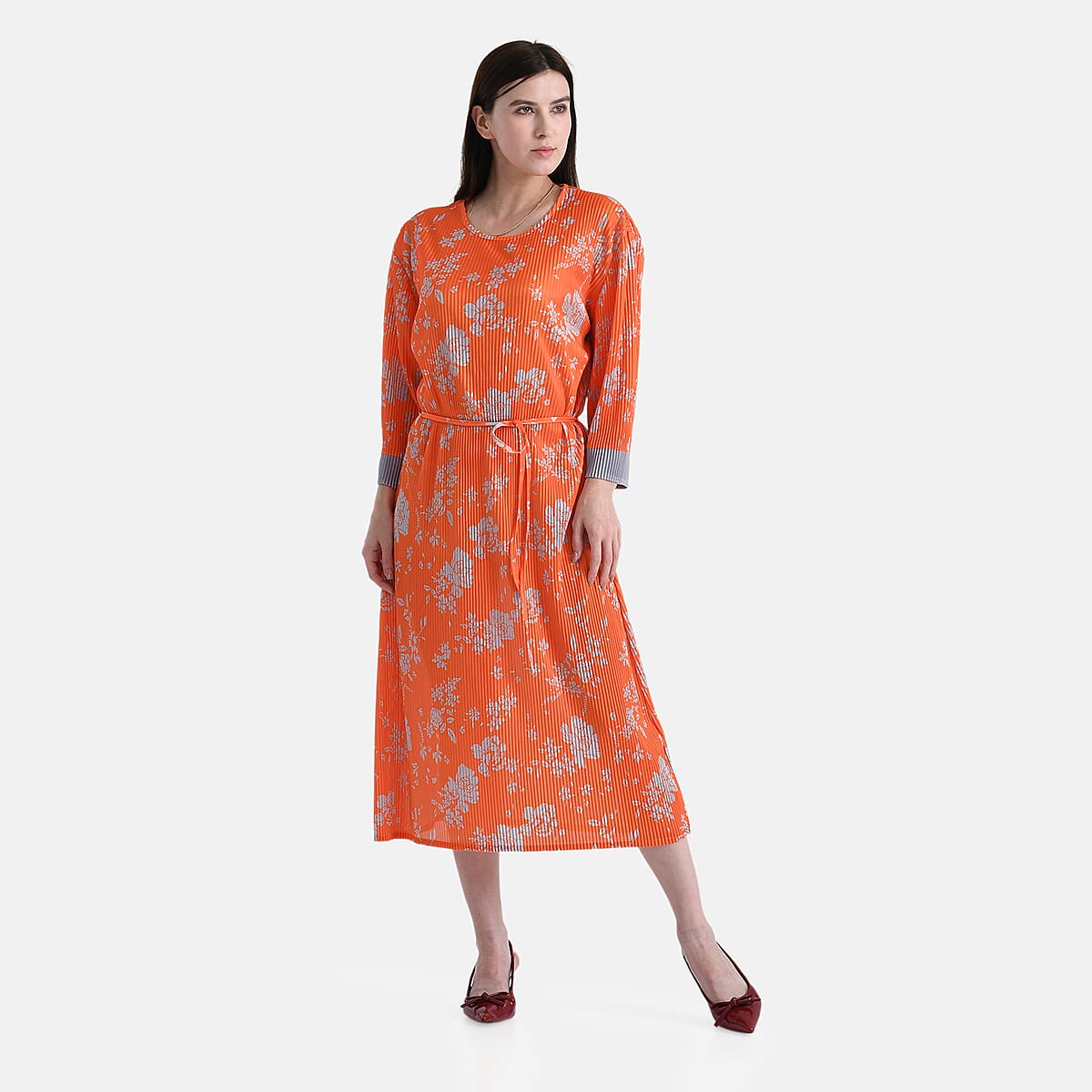 Tamsy Orange Pleated 3/4 Sleeve Midi Dress with Waist Tie Belt - One Size Fits Most image number 0