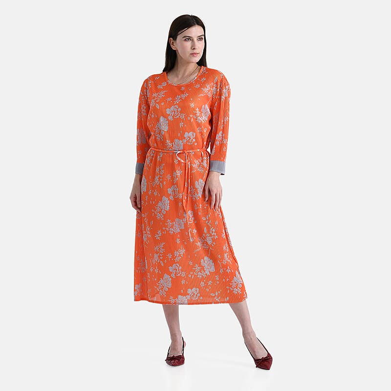 TAMSY Orange Pleated 3/4 Sleeve Midi Dress with Waist Tie Belt - One Size Fits Most