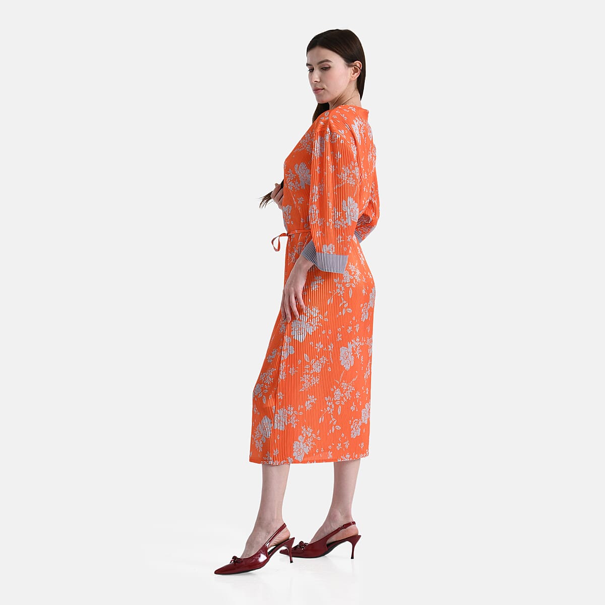 Tamsy Orange Pleated 3/4 Sleeve Midi Dress with Waist Tie Belt - One Size Fits Most image number 2