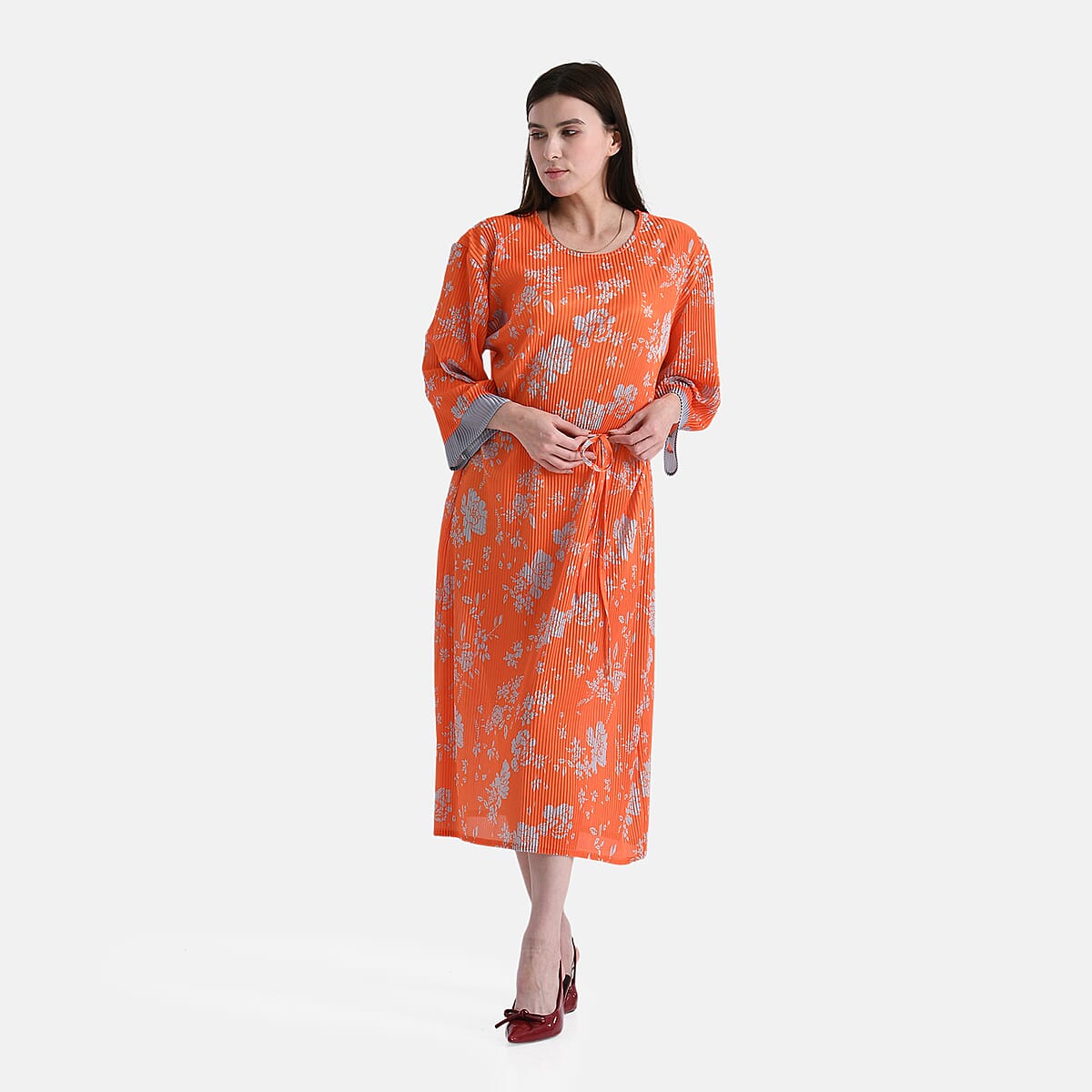 Tamsy Orange Pleated 3/4 Sleeve Midi Dress with Waist Tie Belt - One Size Fits Most image number 3
