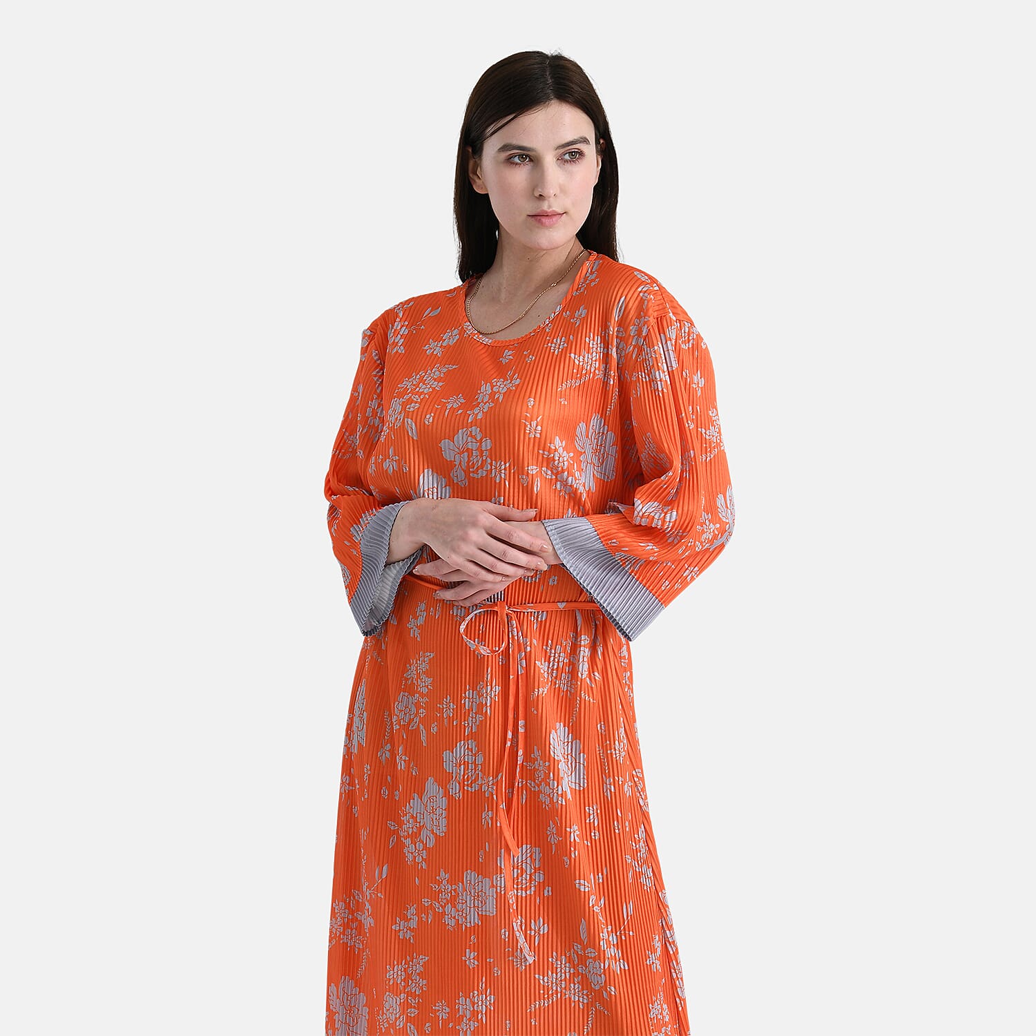Tamsy Orange Pleated 3/4 Sleeve Midi Dress with Waist Tie Belt - One Size Fits Most