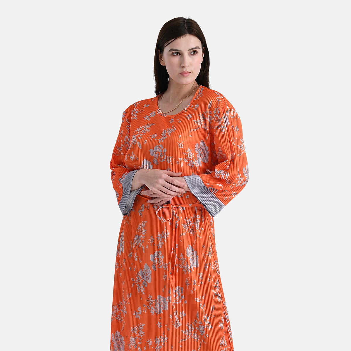 Tamsy Orange Pleated 3/4 Sleeve Midi Dress with Waist Tie Belt - One Size Fits Most image number 4