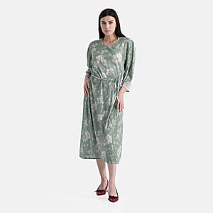Tamsy Green Pleated 3/4 Sleeve Midi Dress with Waist Tie Belt - One Size Fits Most