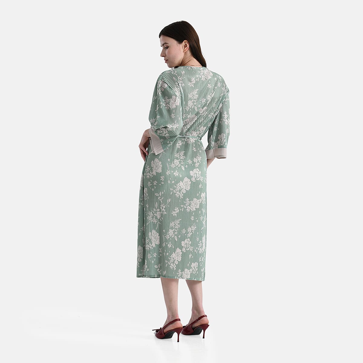 Tamsy Green Pleated 3/4 Sleeve Midi Dress with Waist Tie Belt - One Size Fits Most image number 1