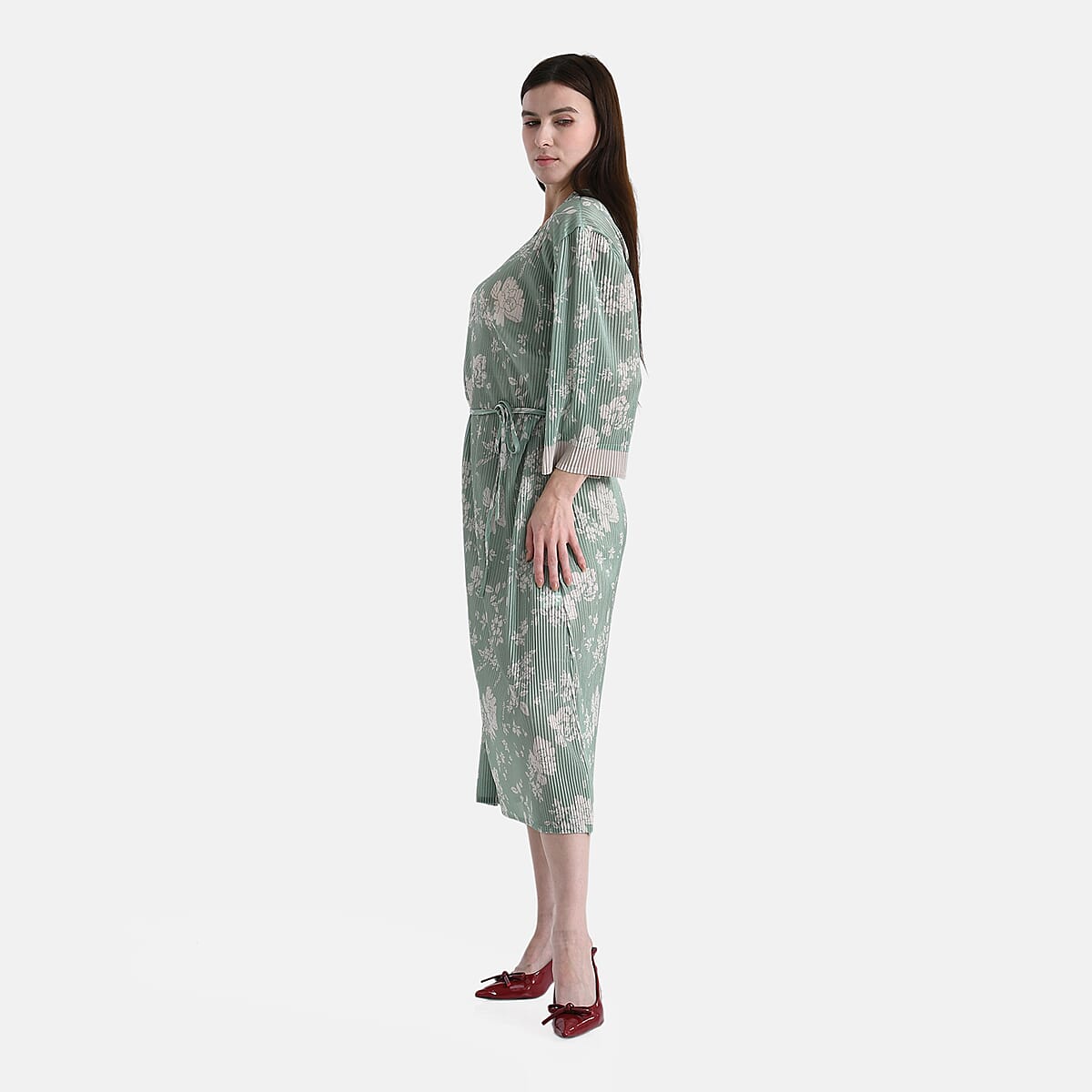 Tamsy Green Pleated 3/4 Sleeve Midi Dress with Waist Tie Belt - One Size Fits Most image number 2