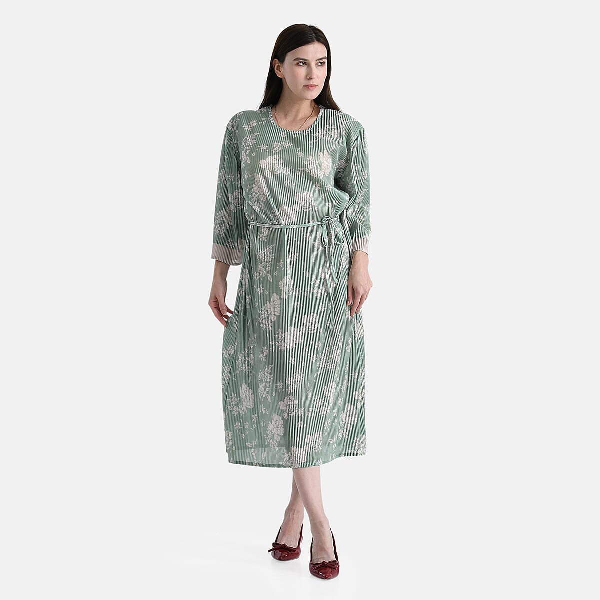 Tamsy Green Pleated 3/4 Sleeve Midi Dress with Waist Tie Belt - One Size Fits Most image number 3