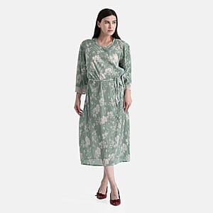 TAMSY Sage Green Pleated 3/4 Sleeve Midi Dress with Waist Tie Belt - One Size Fits Most