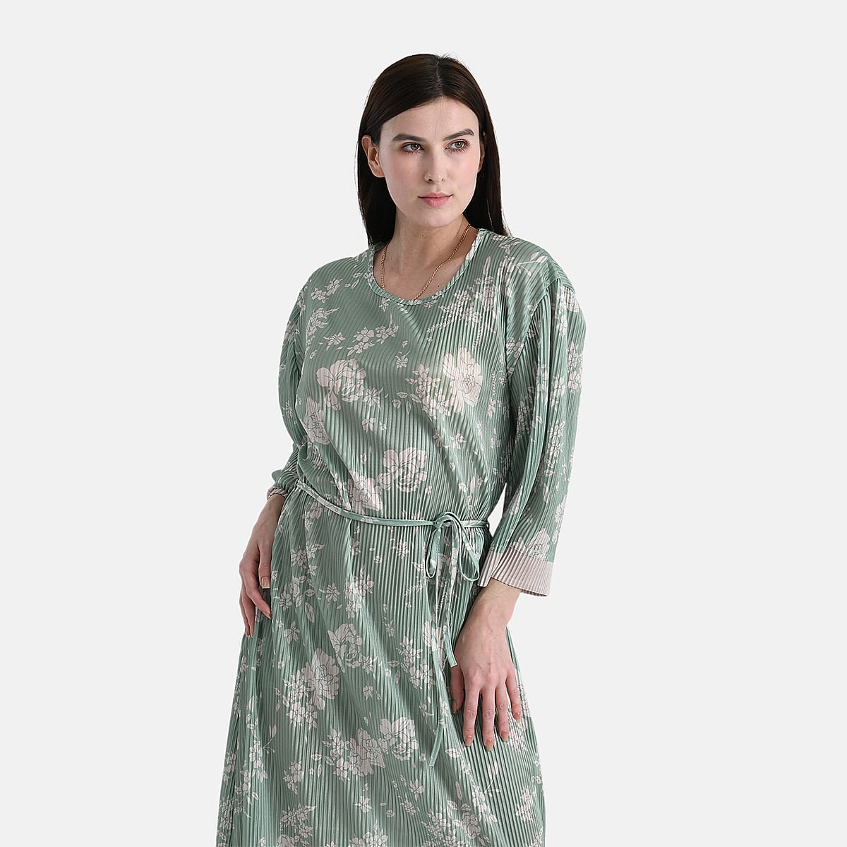 Tamsy Green Pleated 3/4 Sleeve Midi Dress with Waist Tie Belt - One Size Fits Most image number 4