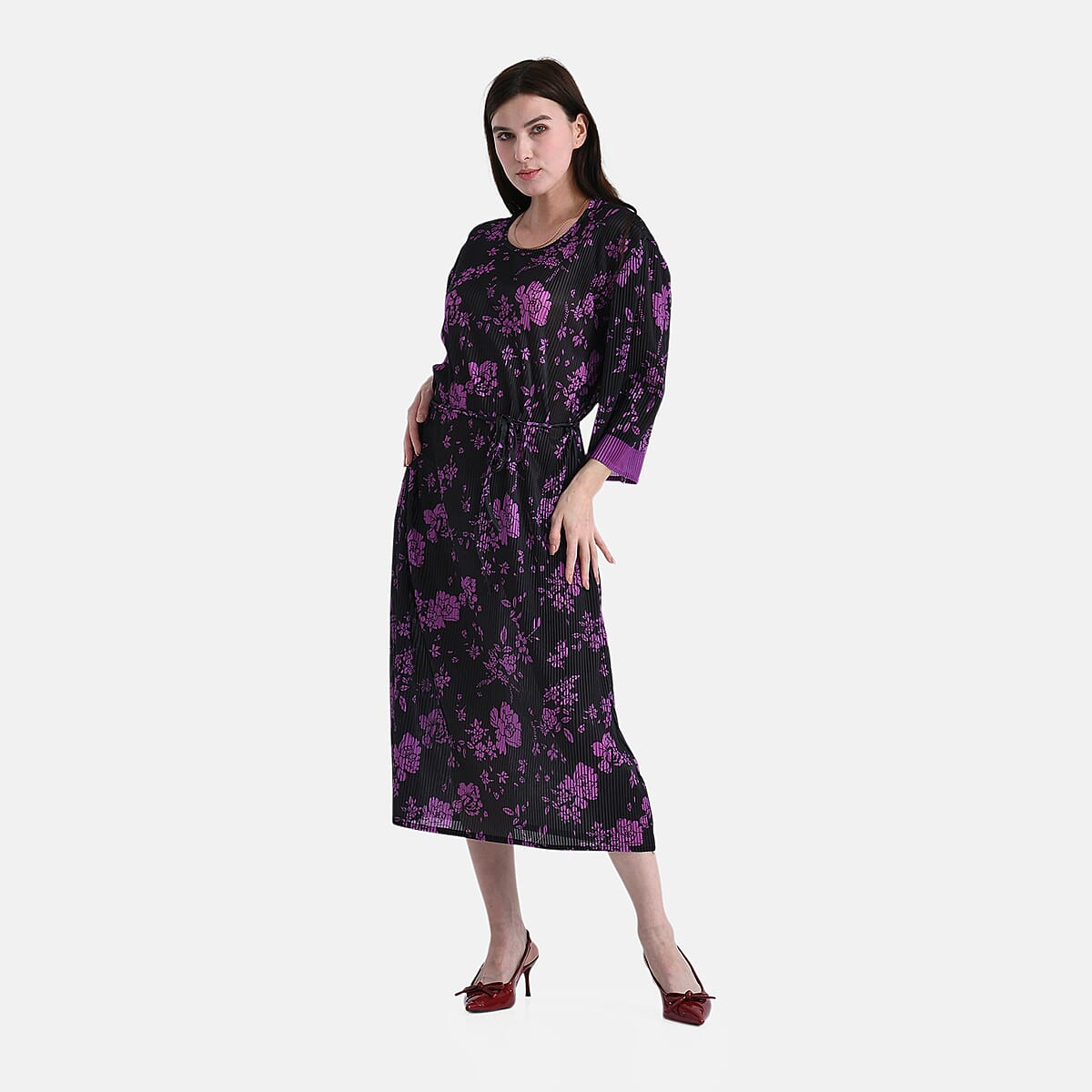 Tamsy Purple Pleated 3/4 Sleeve Midi Dress with Waist Tie Belt - One Size Fits Most image number 0
