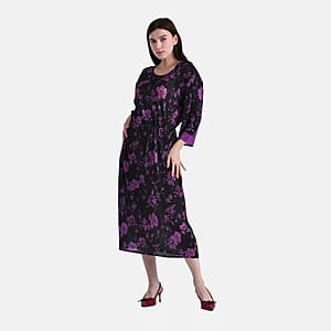 Tamsy Purple Pleated 3/4 Sleeve Midi Dress with Waist Tie Belt - One Size Fits Most