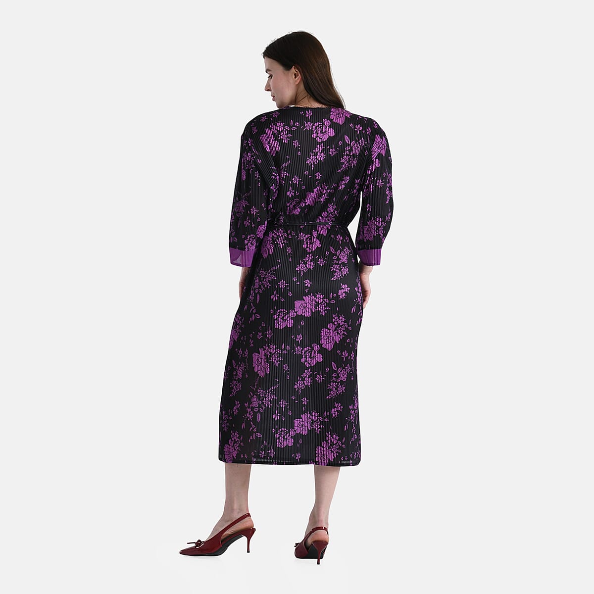 Tamsy Purple Pleated 3/4 Sleeve Midi Dress with Waist Tie Belt - One Size Fits Most image number 1