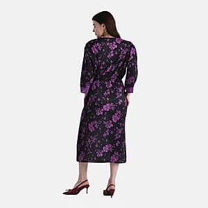 TAMSY Purple Pleated 3/4 Sleeve Midi Dress with Waist Tie Belt - One Size Fits Most