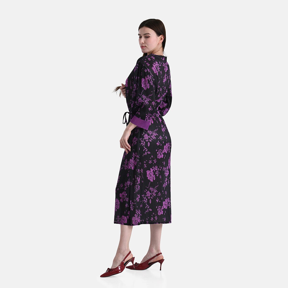 Tamsy Purple Pleated 3/4 Sleeve Midi Dress with Waist Tie Belt - One Size Fits Most image number 2