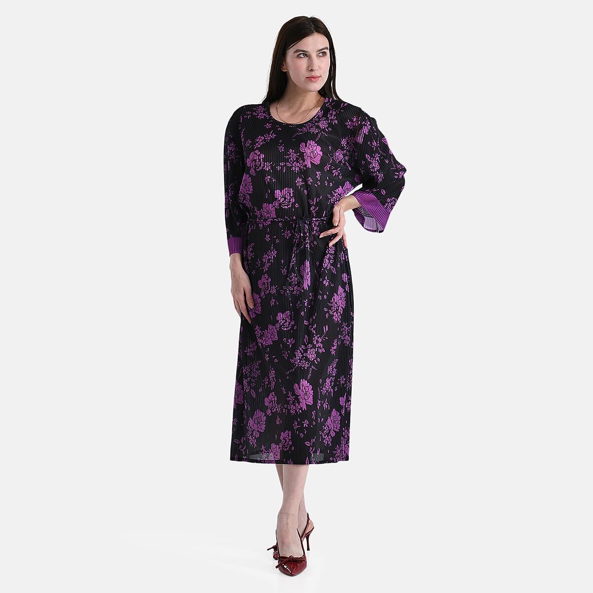 Tamsy Purple Pleated 3/4 Sleeve Midi Dress with Waist Tie Belt - One Size Fits Most image number 3