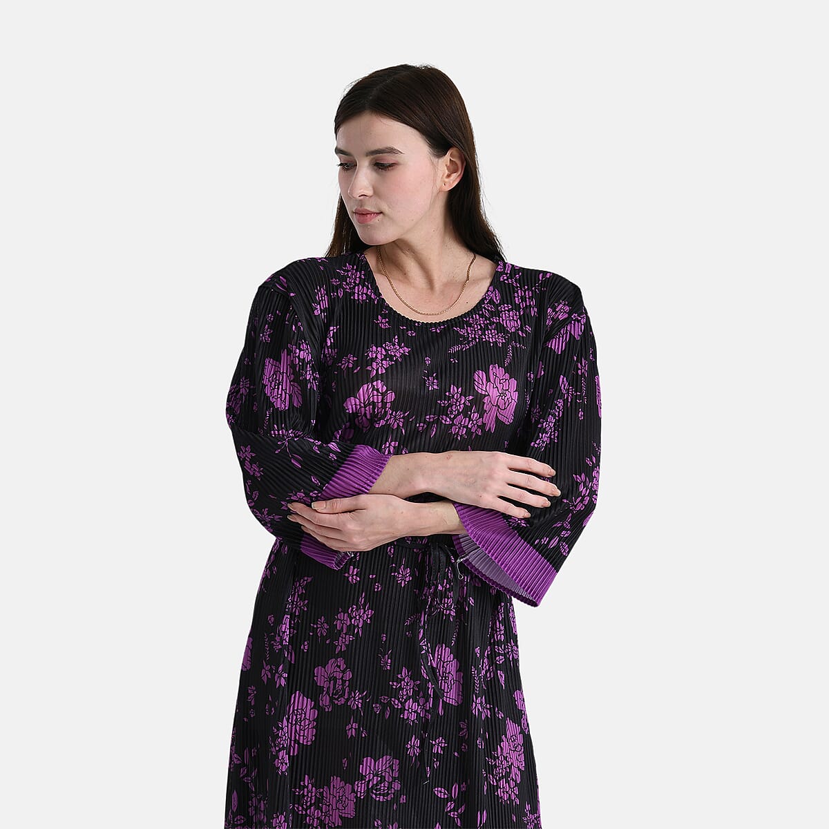 Tamsy Purple Pleated 3/4 Sleeve Midi Dress with Waist Tie Belt - One Size Fits Most image number 4