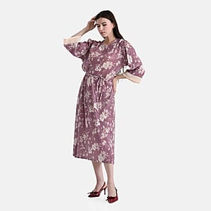 Tamsy Dusty Pleated 3/4 Sleeve Midi Dress with Waist Tie Belt - One Size Fits Most