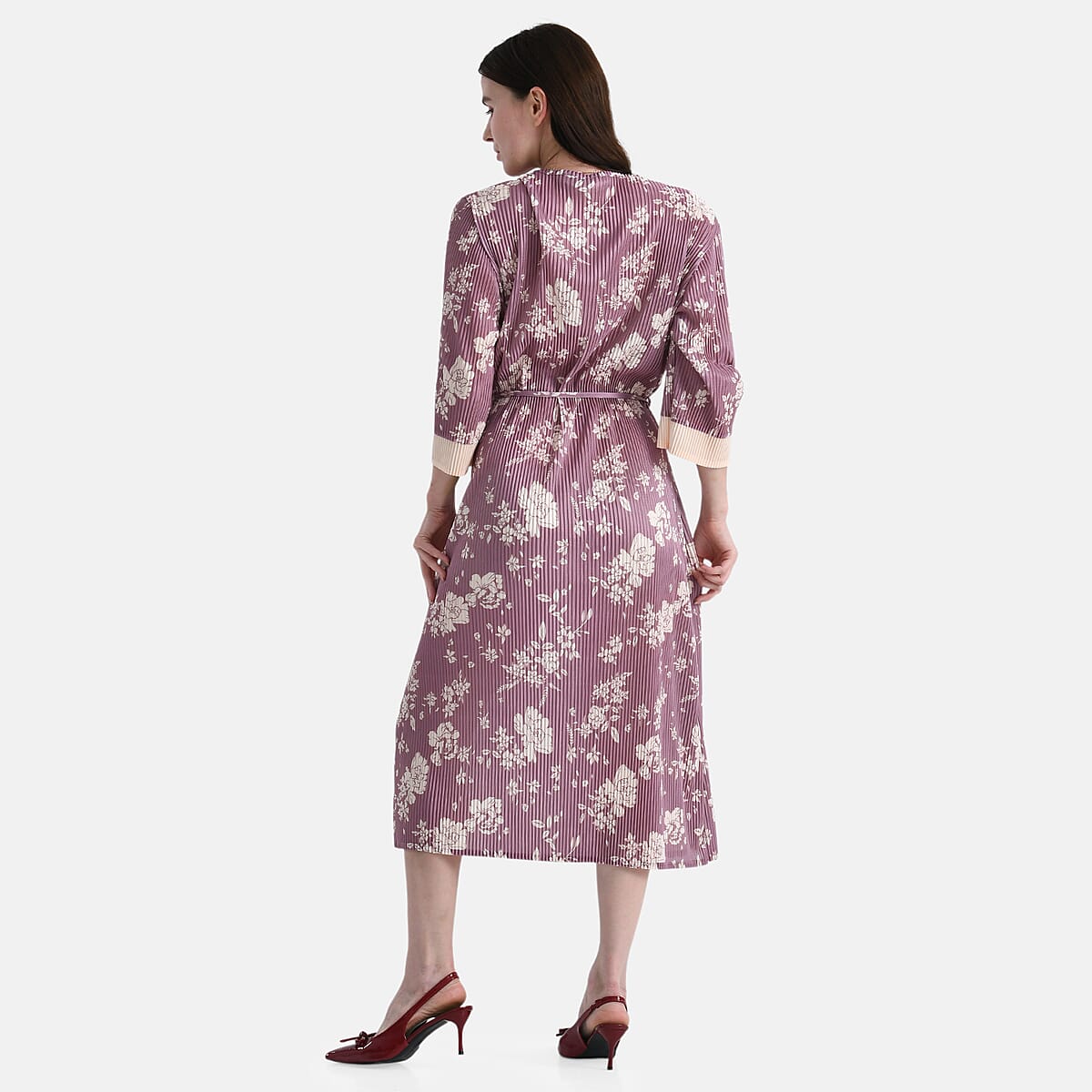 Tamsy Dusty Pleated 3/4 Sleeve Midi Dress with Waist Tie Belt - One Size Fits Most image number 1