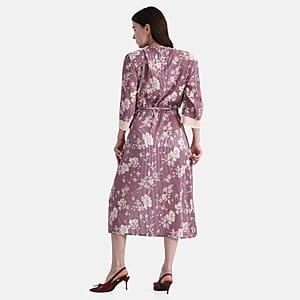 TAMSY Dusty Rose Pleated 3/4 Sleeve Midi Dress with Waist Tie Belt - One Size Fits Most