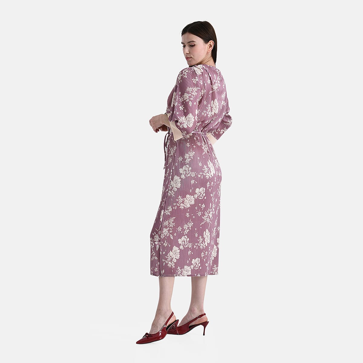 Tamsy Dusty Pleated 3/4 Sleeve Midi Dress with Waist Tie Belt - One Size Fits Most image number 2