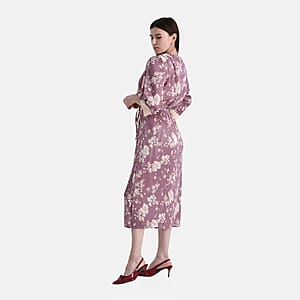 TAMSY Dusty Rose Pleated 3/4 Sleeve Midi Dress with Waist Tie Belt - One Size Fits Most