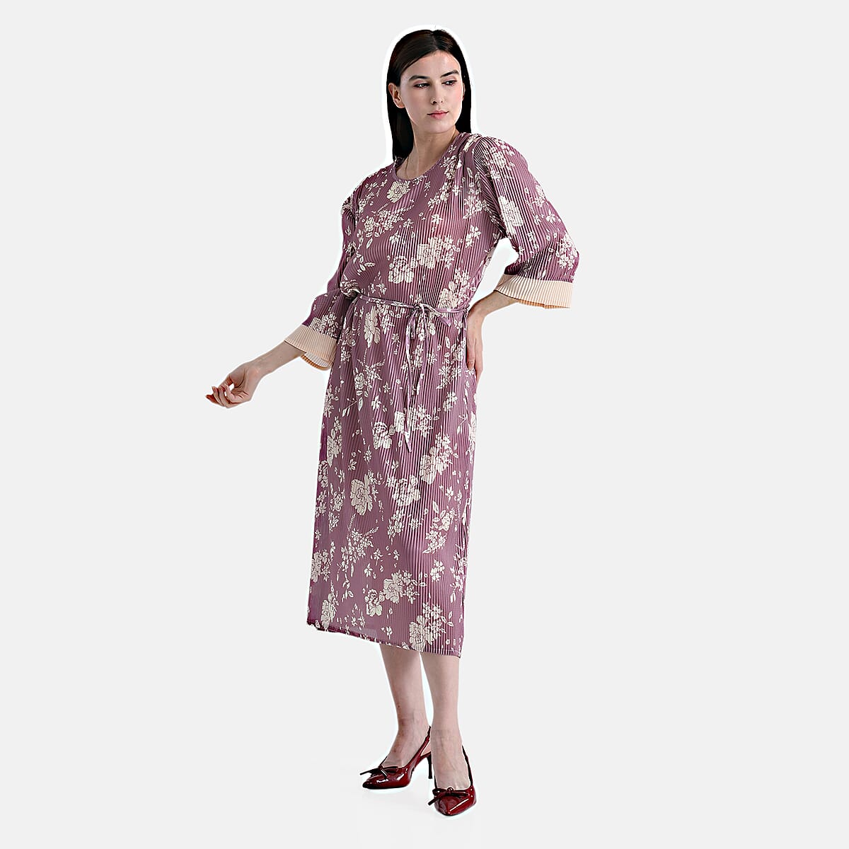 Tamsy Dusty Pleated 3/4 Sleeve Midi Dress with Waist Tie Belt - One Size Fits Most image number 3