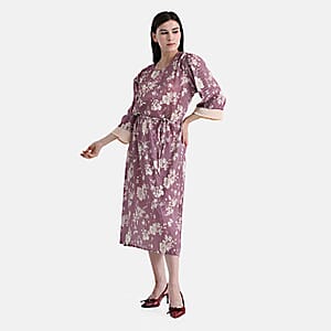 TAMSY Dusty Rose Pleated 3/4 Sleeve Midi Dress with Waist Tie Belt - One Size Fits Most