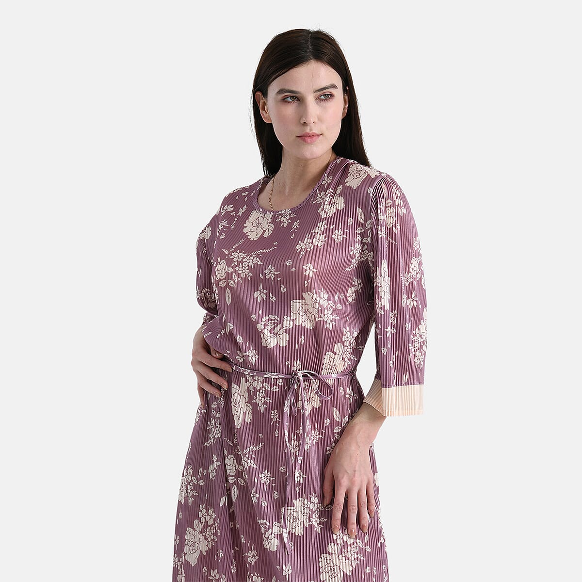 Tamsy Dusty Pleated 3/4 Sleeve Midi Dress with Waist Tie Belt - One Size Fits Most image number 4