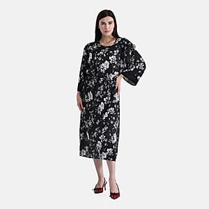 Tamsy Black Pleated 3/4 Sleeve Midi Dress with Waist Tie Belt - One Size Fits Most