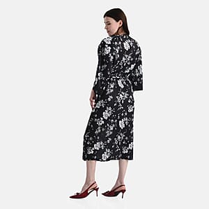 TAMSY Black Pleated 3/4 Sleeve Midi Dress with Waist Tie Belt - One Size Fits Most