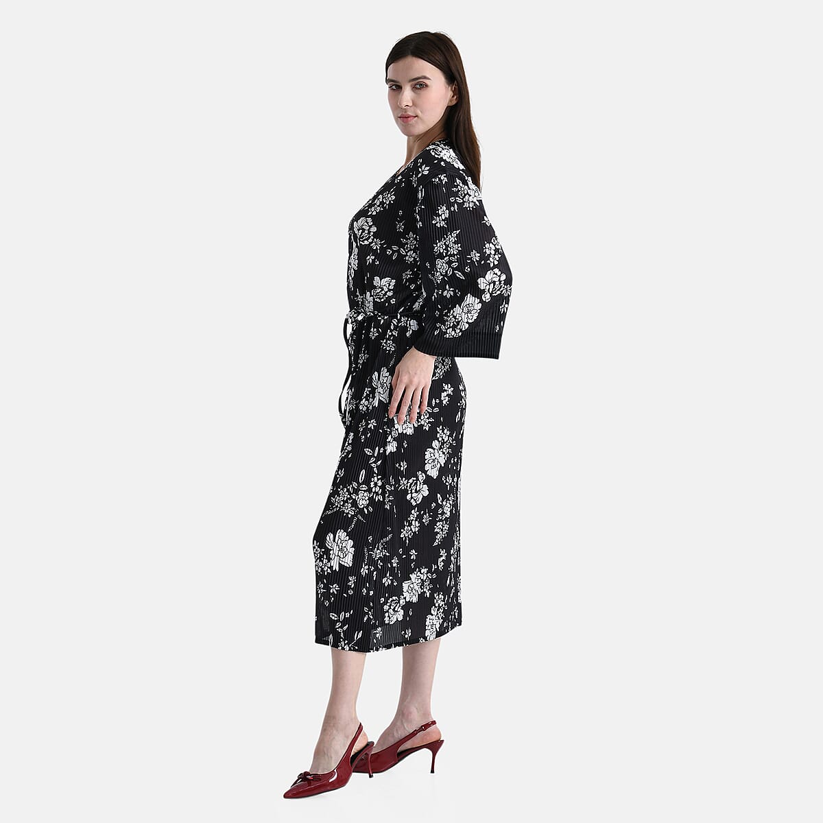 Tamsy Black Pleated 3/4 Sleeve Midi Dress with Waist Tie Belt - One Size Fits Most image number 2