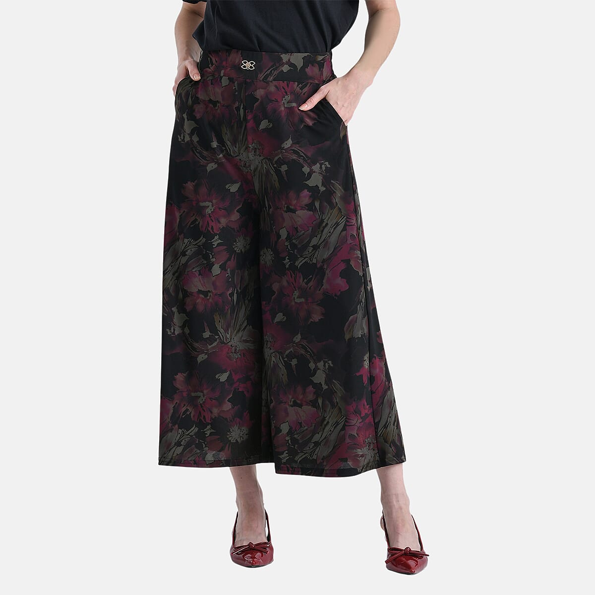  Tamsy Fuschia Floral Printed Capri Wide Leg Pant with Pockets - S/M image number 2