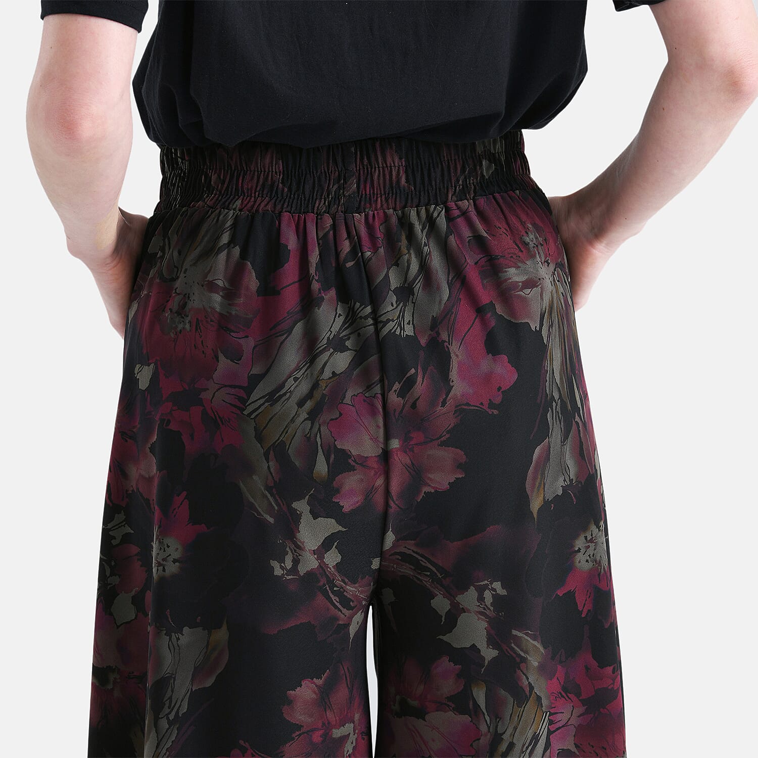 Tamsy Fuschia Floral Printed Capri Wide Leg Pant with Pockets - S/M