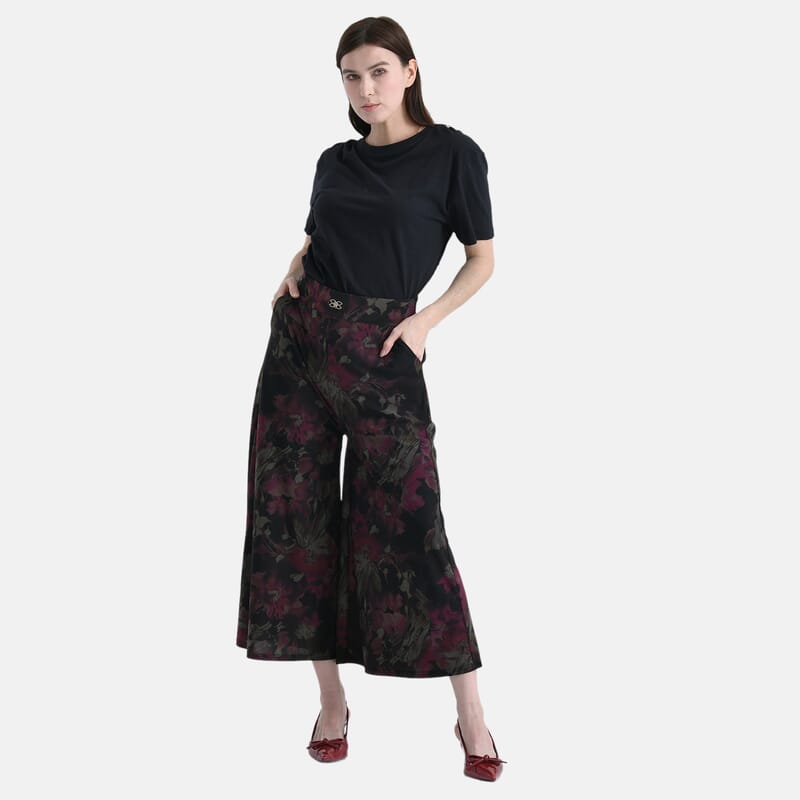 TAMSY Fuchsia Printed Wide Leg Capri Pants with Pockets - L/XL