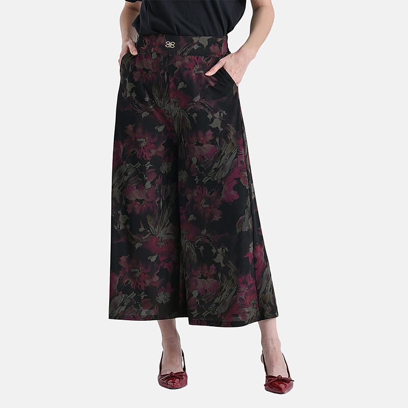 TAMSY Fuchsia Printed Wide Leg Capri Pant with Pockets - L/XL