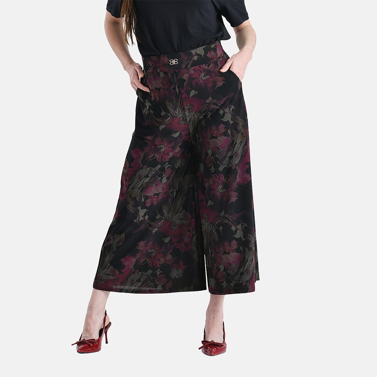 TAMSY Fuchsia Printed Wide Leg Capri Pant with Pockets - L/XL image number 3