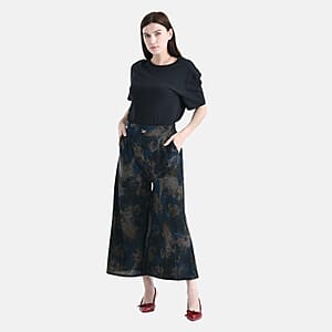 TAMSY Blue Floral Printed Wide Leg Capri Pant with Pockets - L/XL