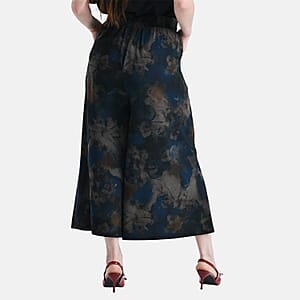 TAMSY Blue Floral Printed Wide Leg Capri Pant with Pockets - L/XL