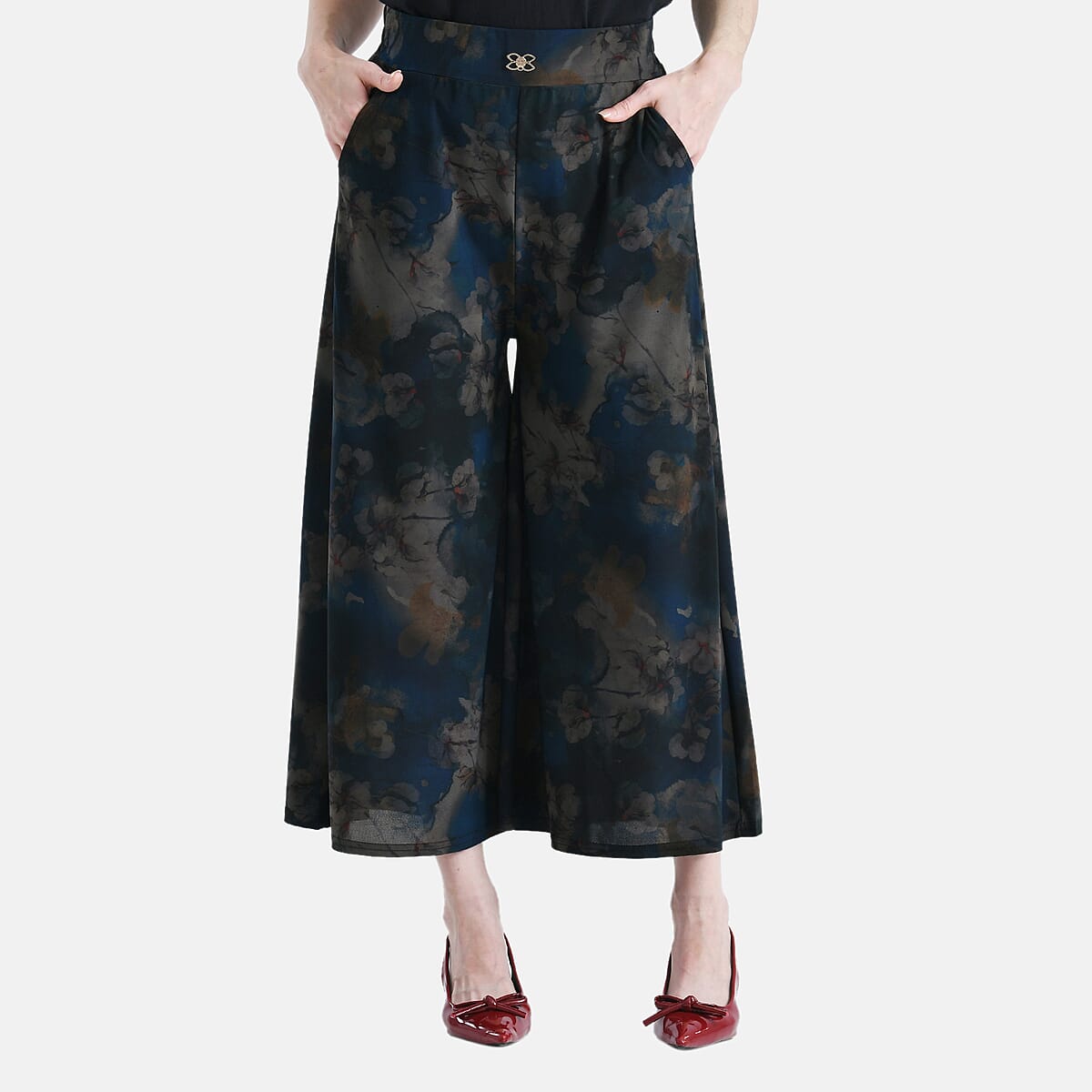 TAMSY Blue Floral Printed Wide Leg Capri Pant with Pockets - L/XL image number 3