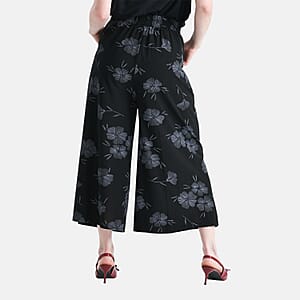 TAMSY Black Floral Printed Wide Leg Capri Pant with Pockets - L/XL
