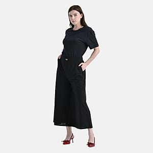 Tamsy Black Solid Capri Wide Leg Pant with Pockets - S/M