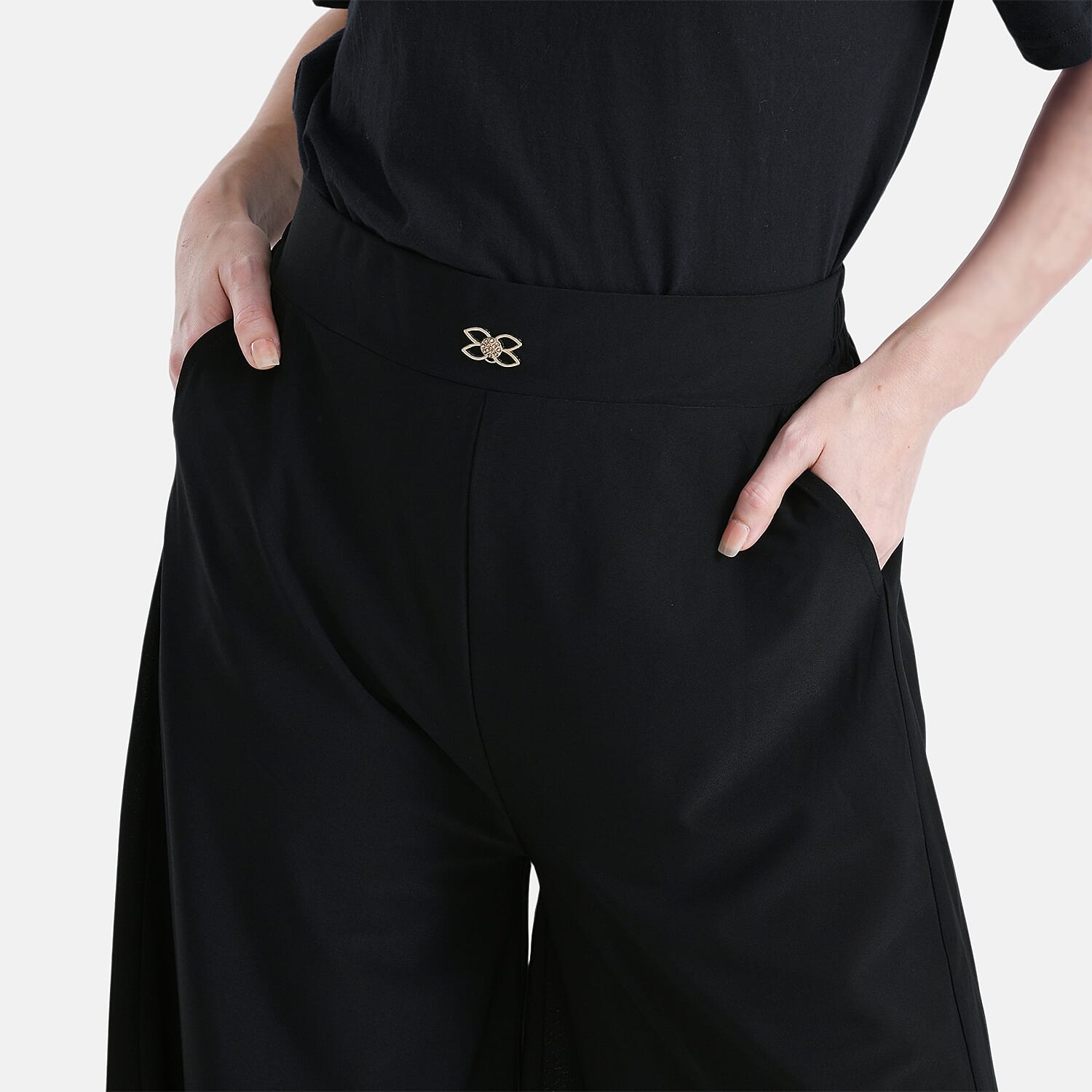 TAMSY Solid Black Printed Wide Leg Capri Pant with Pockets - S/M