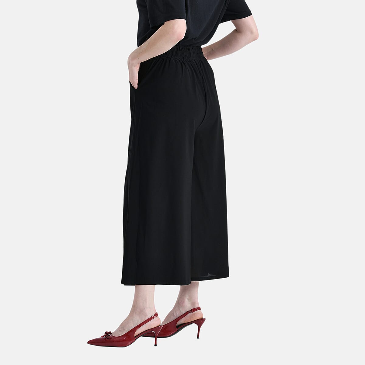 TAMSY Solid Black Printed Wide Leg Capri Pant with Pockets - L/XL image number 2